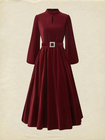 Robe mi-longue en coton, manches longues, col montant, unie, style vintage, rouge bordeaux