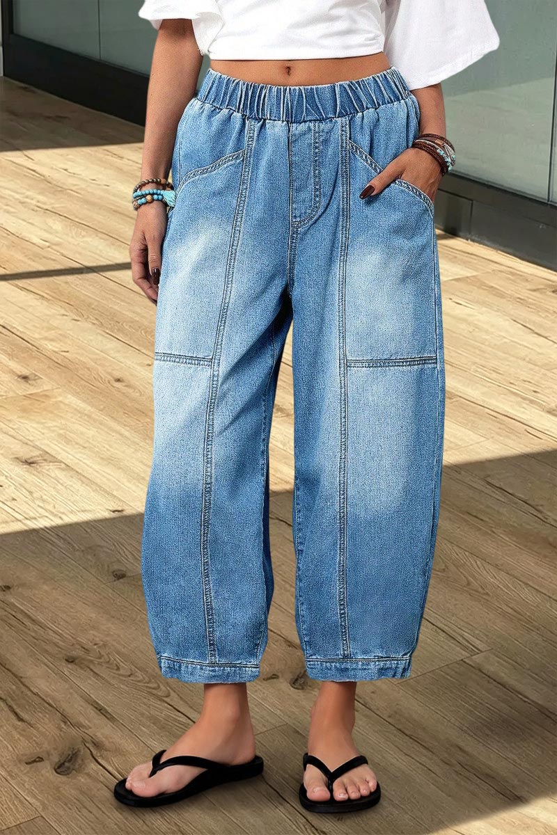 Wash Seam Elastic Mid Rise Wide Leg Crop Barrel Jeans