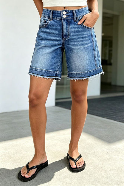 Wash Raw Hem Dual Button Mid Rise Mid Thigh Denim Shorts