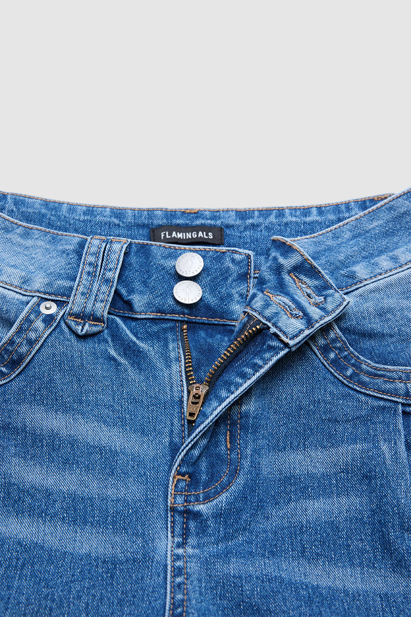 Wash Ruffle Split Hem High Waist Wide Leg Jeans Without Belt