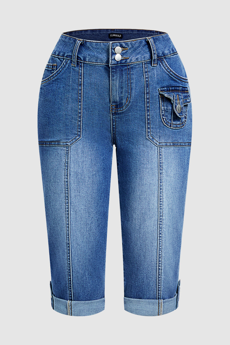Seam Front Roll Hem Patch Pocket Mid Rise Straight Leg Capri Jeans