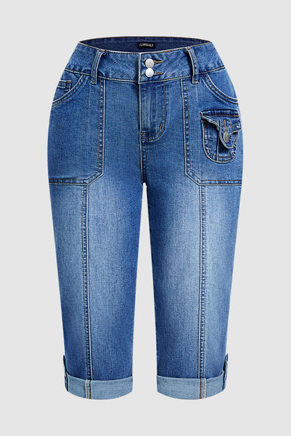 Seam Front Roll Hem Patch Pocket Mid Rise Straight Leg Capri Jeans