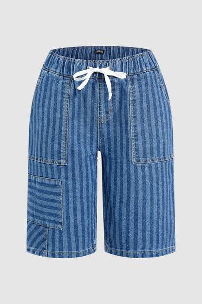 Striped Drawstring Elastic High Rise Denim Bermuda Shorts
