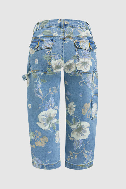 Floral Print Flap Pocket Mid Waist Barrel Leg Capri Jeans