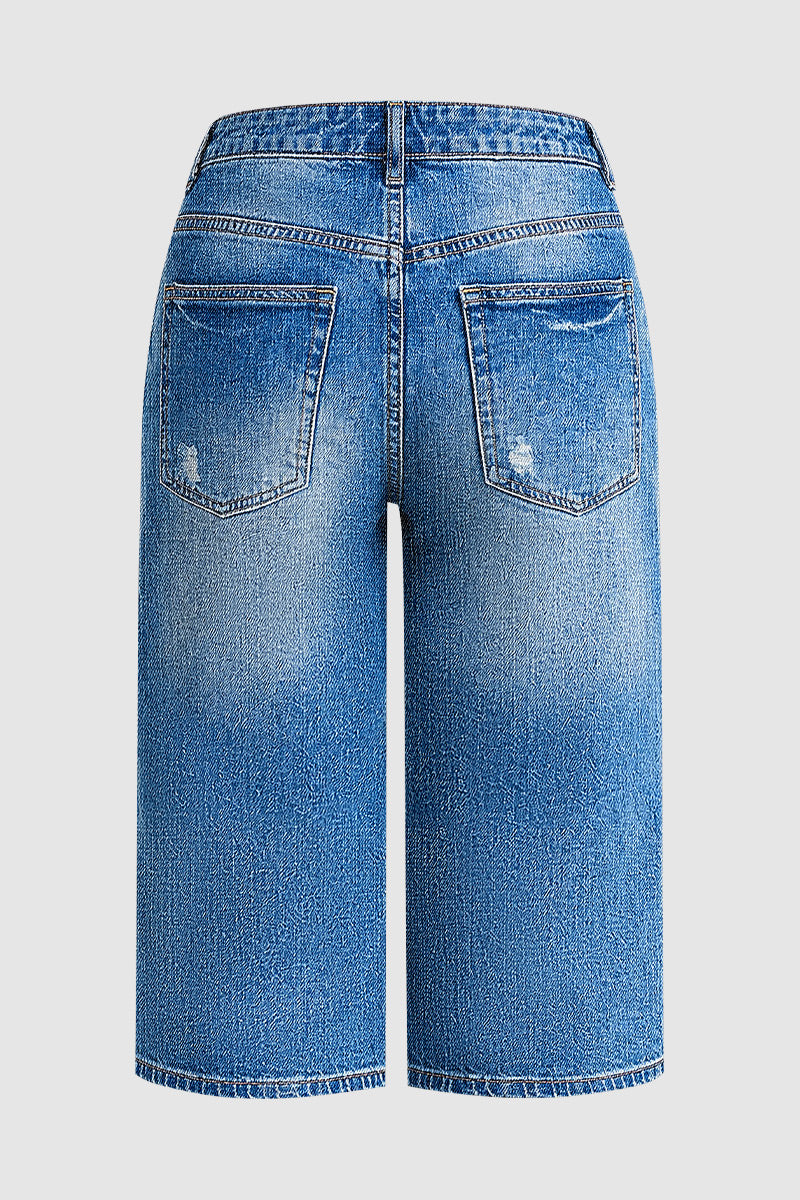 Wash Ripped Drawstring Mid Rise Straight Leg Capri Jeans
