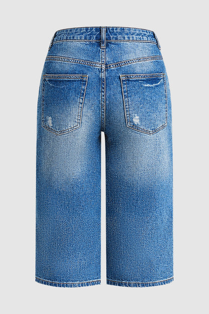 Wash Ripped Drawstring Mid Rise Straight Leg Capri Jeans