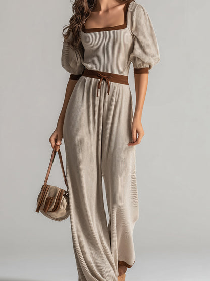 Chic Elegant Beige-Coffee Colorblock Square Neck Half-Sleeve Sweater Drawstring Waist Wide-Leg Pants Knit Two-Piece Set