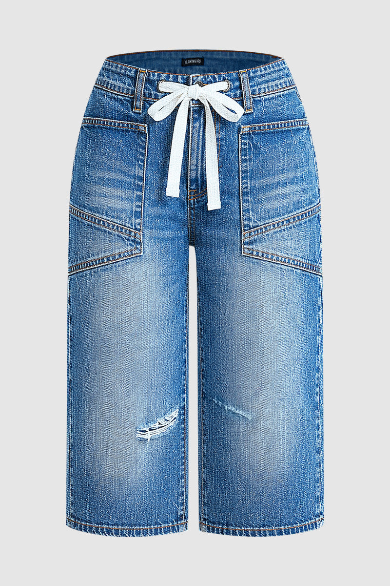 Wash Ripped Drawstring Mid Rise Straight Leg Capri Jeans