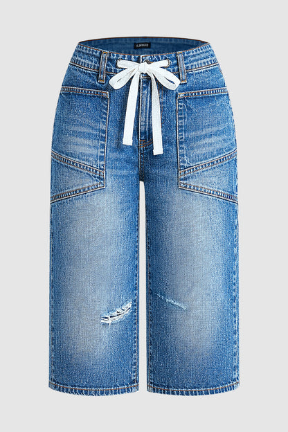 Wash Ripped Drawstring Mid Rise Straight Leg Capri Jeans