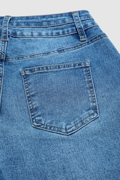 Wash Raw Hem Dual Button Mid Waist Denim Mid Thigh Shorts