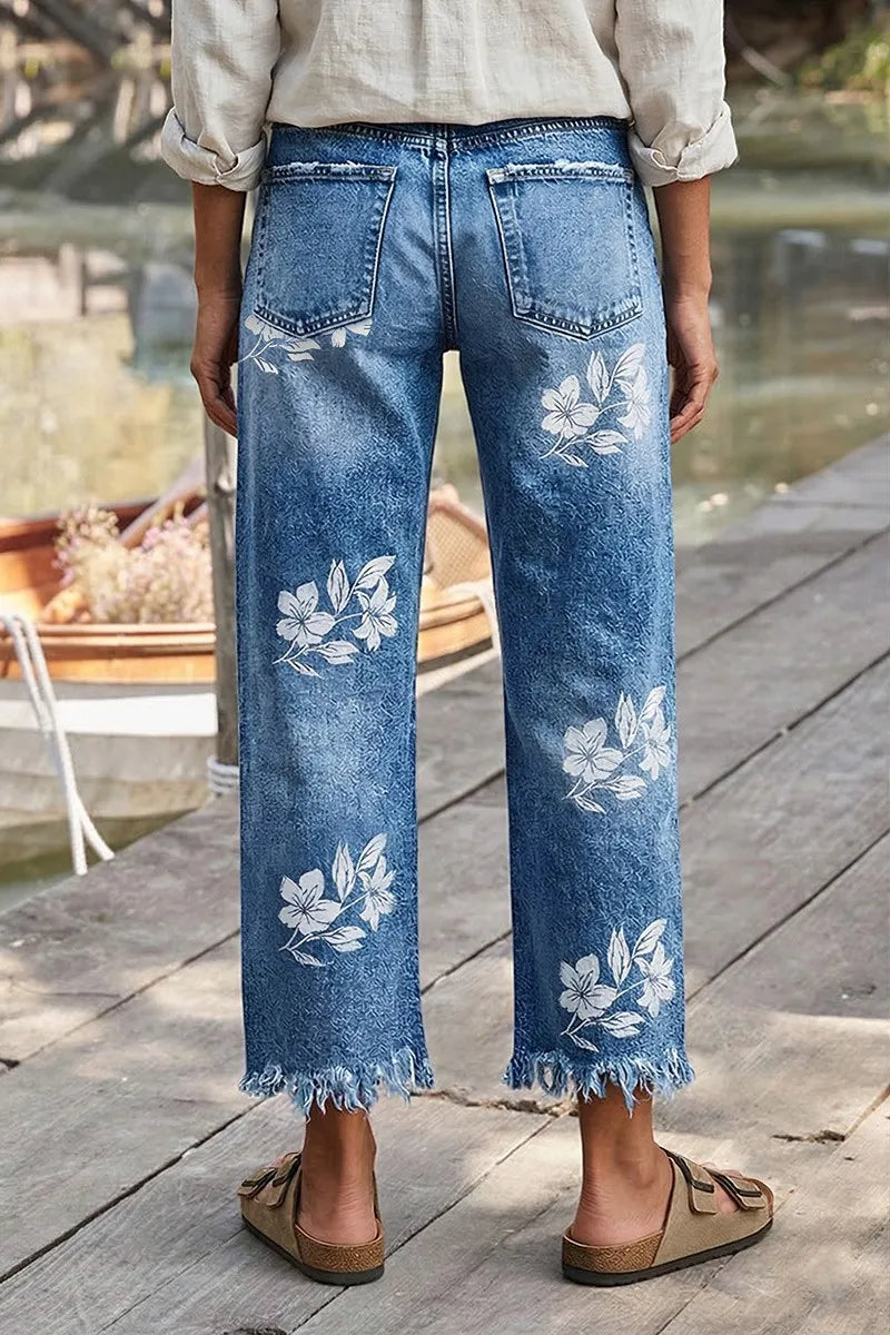 Floral Print Raw Hem Mid Waist Straight Leg Crop Jeans