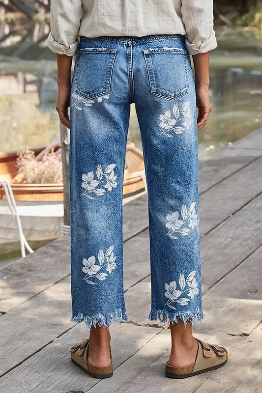 Floral Print Raw Hem Mid Waist Straight Leg Crop Jeans