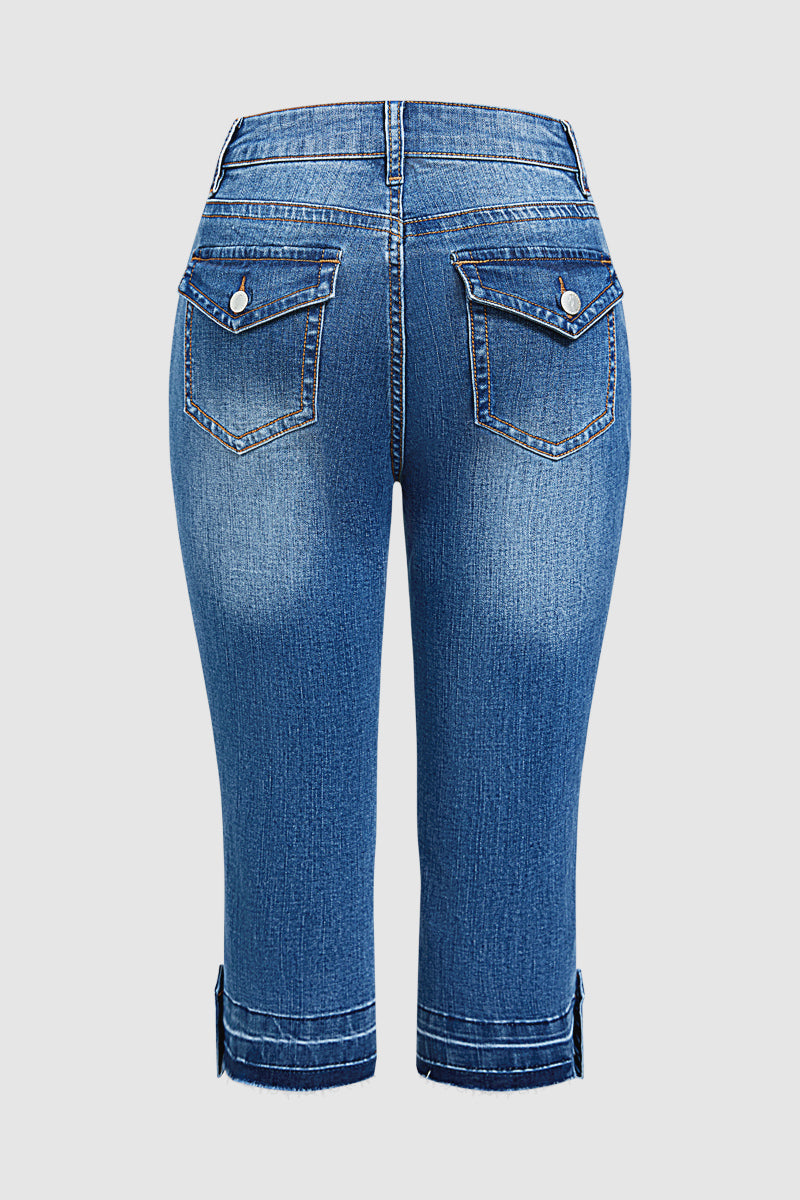 Raw Hem Button Tab Mid Waist Skinny Capri Jeans