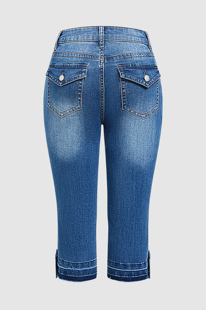 Raw Hem Button Tab Mid Waist Skinny Capri Jeans