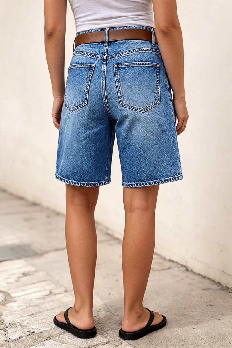 Wash Flap Decor Stitch Detail Mid Waist Denim Bermuda Shorts Without Belt