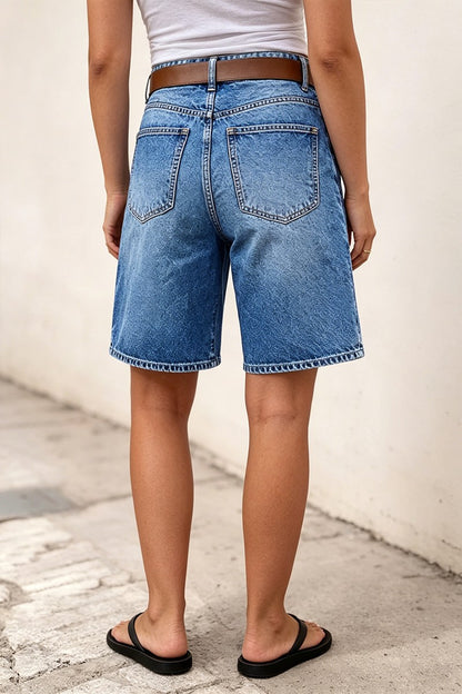 Wash Flap Decor Stitch Detail Mid Waist Denim Bermuda Shorts Without Belt