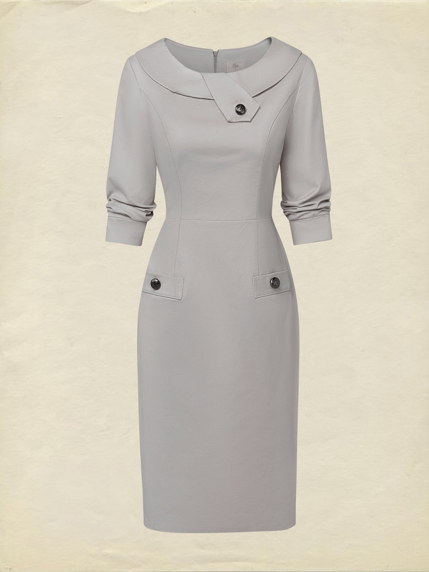 Robe midi en coton, demi-manches, col rond, unie, boutonnée, style vintage français, grise