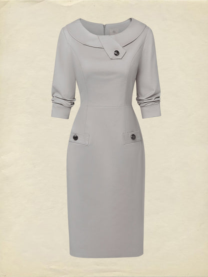 Robe midi en coton, demi-manches, col rond, unie, boutonnée, style vintage français, grise