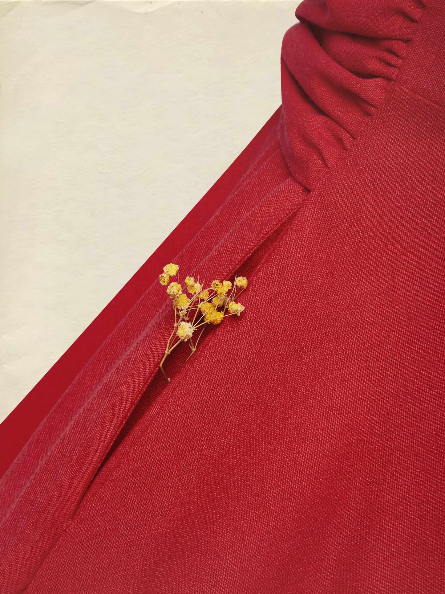 Robe Midi en Lin, Manches Mi-Longues, Col Châle, Unie, Boutonnée, Style Vintage Français, Rouge