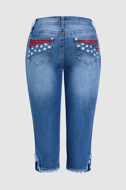 Stripe & Star Embroidery Raw Hem Mid Waist Skinny Capri Jeans