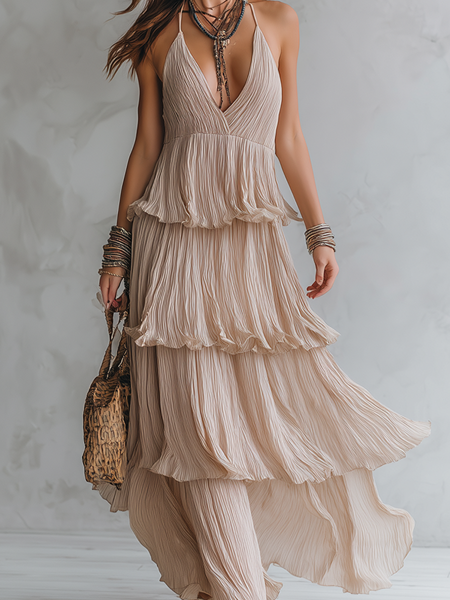 Robe longue bohème plissée à fines bretelles