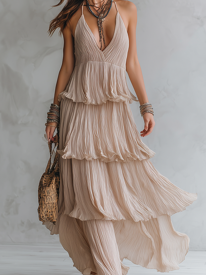 Robe longue bohème plissée à fines bretelles