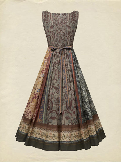 Robe longue en coton, sans manches, col carré, imprimé cachemire, fines bretelles, vacances, vintage, marron