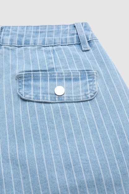 Pinstriped Split Flap Decor Mid Waist Denim Mid Thigh Shorts Without Belt