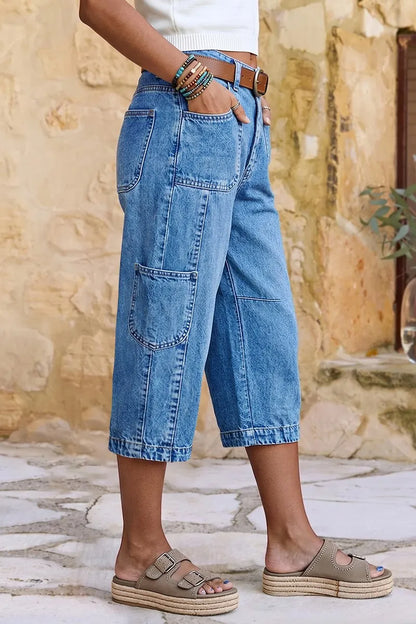 Patch Pocket Seam Detail Mid Rise Barrel Leg Capri Jeans Without Belt