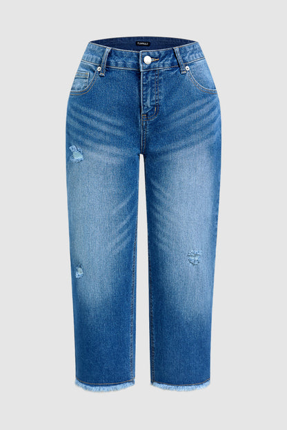 Raw Hem Ripped Mid Waist Straight Leg Capri Jeans