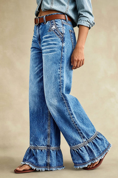 Wash Ruffle Hem Raw Hem Mid Waist Wide Leg Jeans Without Belt