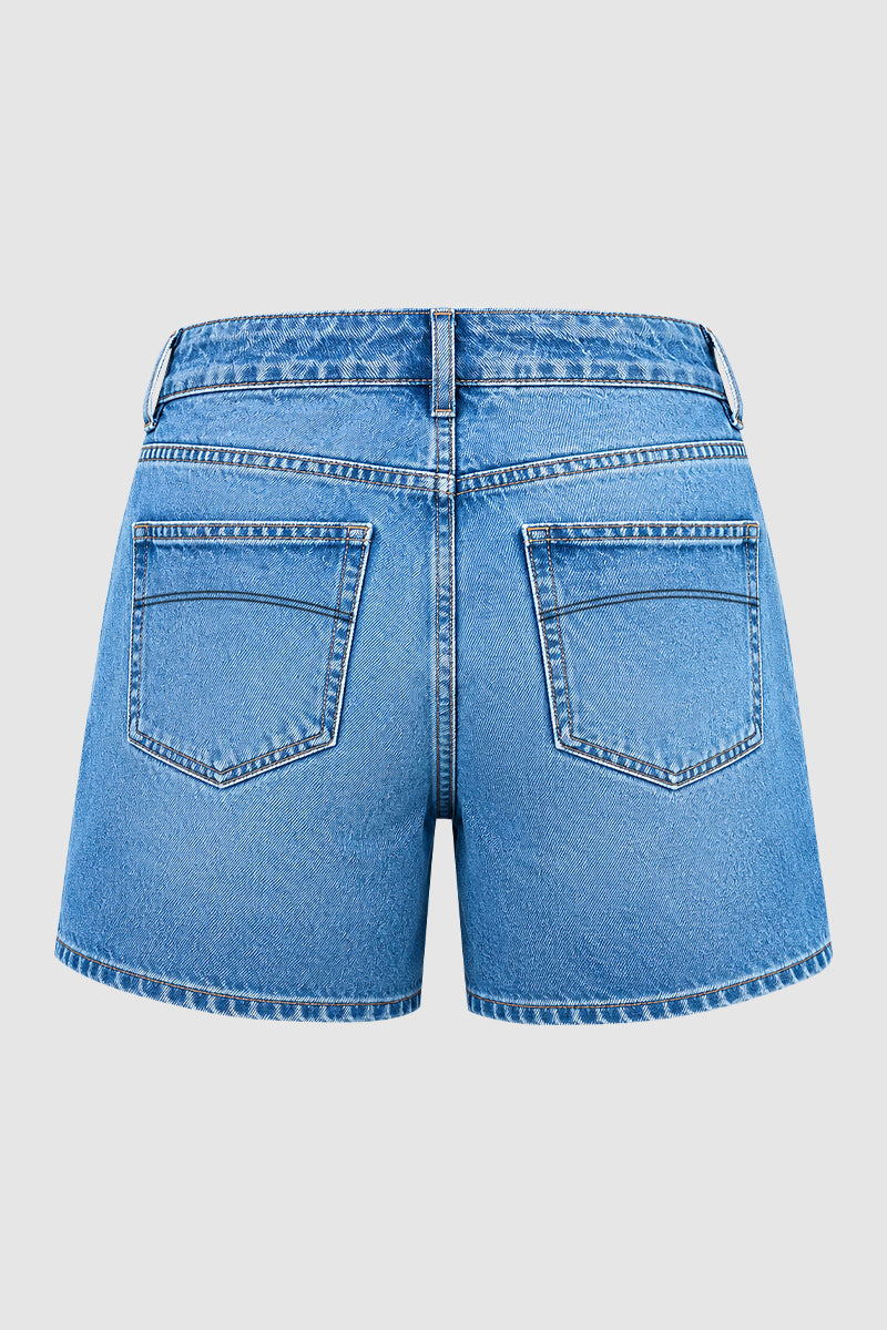 Wash Button Decor Mid Waist Denim Mid Thigh Shorts