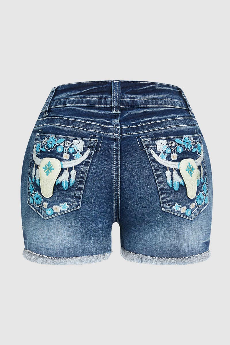 Bull & Floral Embroidered Raw Hem Mid Rise Denim Shorts