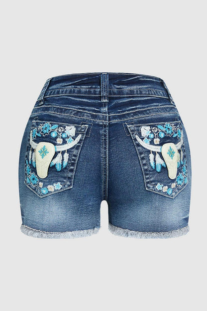 Bull & Floral Embroidered Raw Hem Mid Rise Denim Shorts