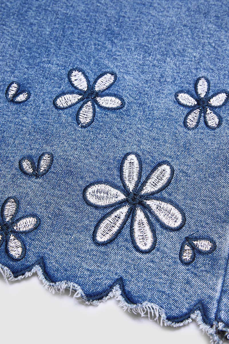 Floral Embroidery Scallop Trim Mid Rise Wide Leg Crop Jeans