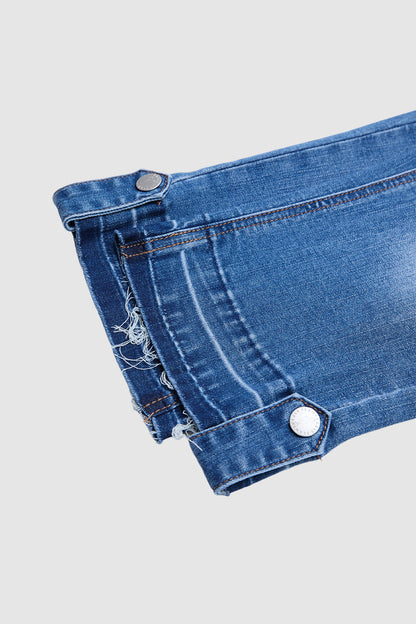 Raw Hem Button Tab Mid Waist Skinny Capri Jeans