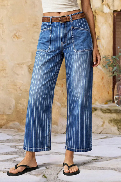 Striped Patch Pocket Mid Rise Wide Leg Crop Jeans Without Belt