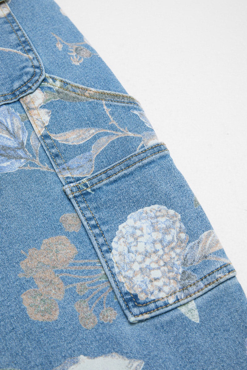 Floral Print Flap Pocket Mid Waist Barrel Leg Capri Jeans