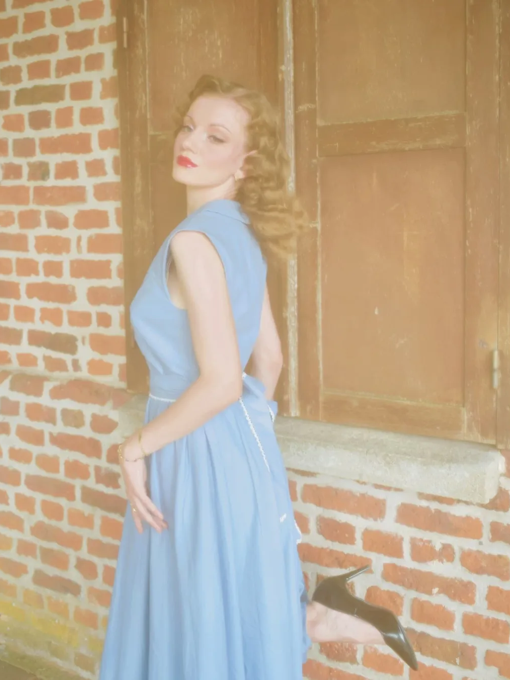 Robe Midi en Lin, Sans Manches, Col Rond, Unie, Vintage, Bleue