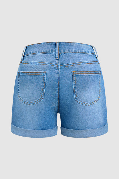 Wash Flap Pocket Roll Hem Mid Rise Denim Shorts Without Belt