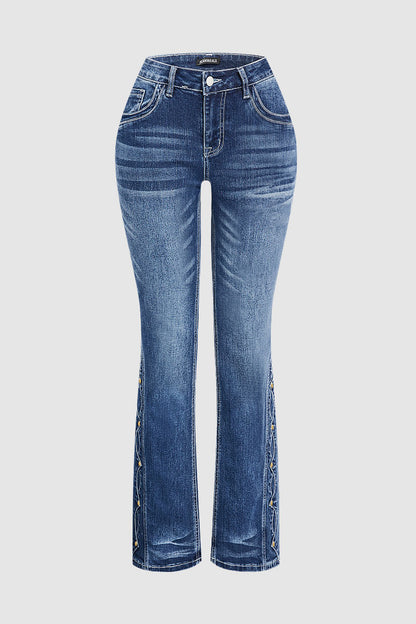 Wash Studded Side Mid Waist Bootcut Jeans Without Belt