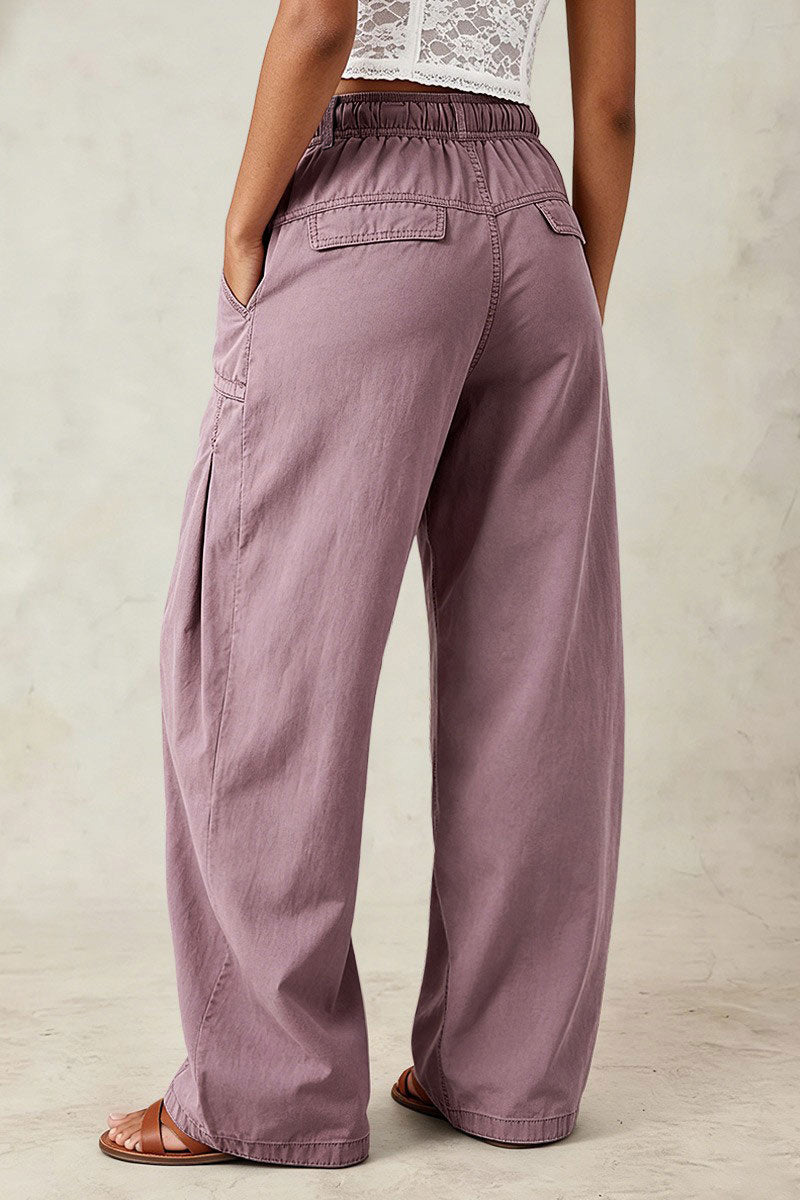 Solid Stitch Detail Flap Decor Drawstring Pleated Mid Waist Wide Leg Pants