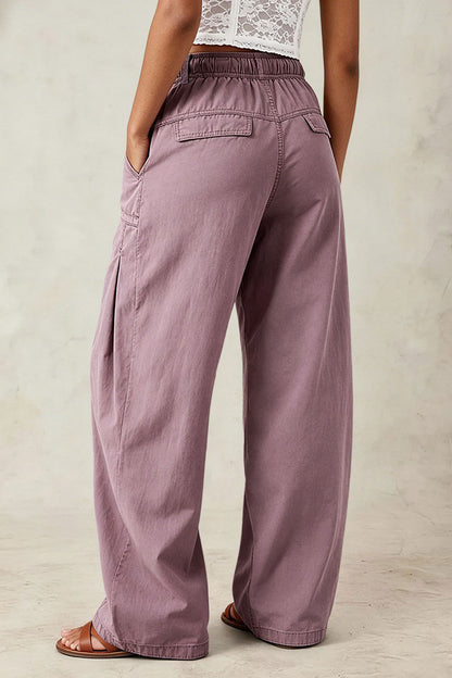Solid Stitch Detail Flap Decor Drawstring Pleated Mid Waist Wide Leg Pants