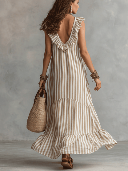 Robe longue rayée bohème décontractée à volants