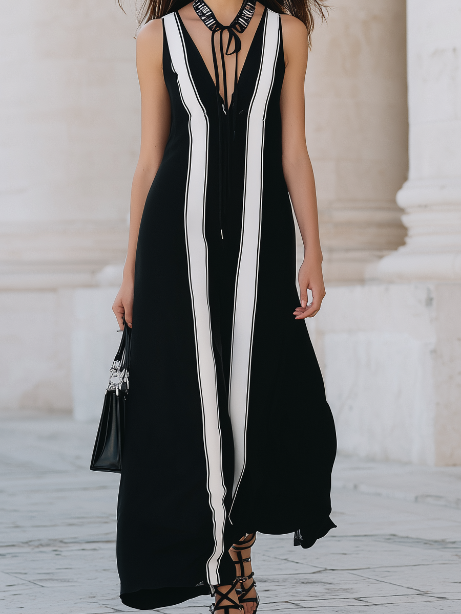 Robe longue noire sans manches avec empiècements à rayures noires et blanches.