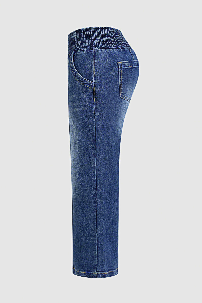 Wash Elastic High Waist Straight Leg Crop Jeans