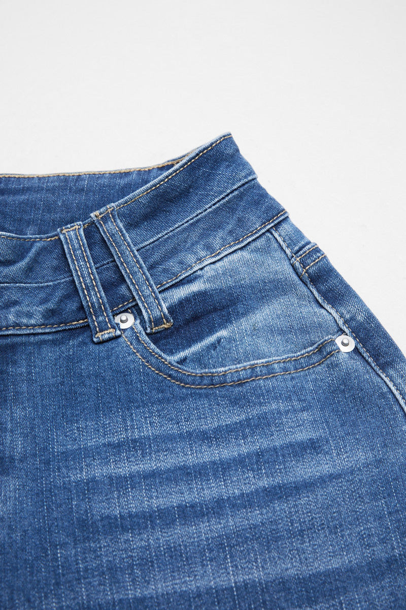 Roll Hem Dual Button High Waist Straight Leg Capri Jeans