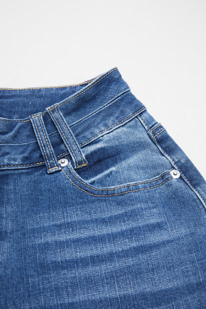 Roll Hem Dual Button High Waist Straight Leg Capri Jeans
