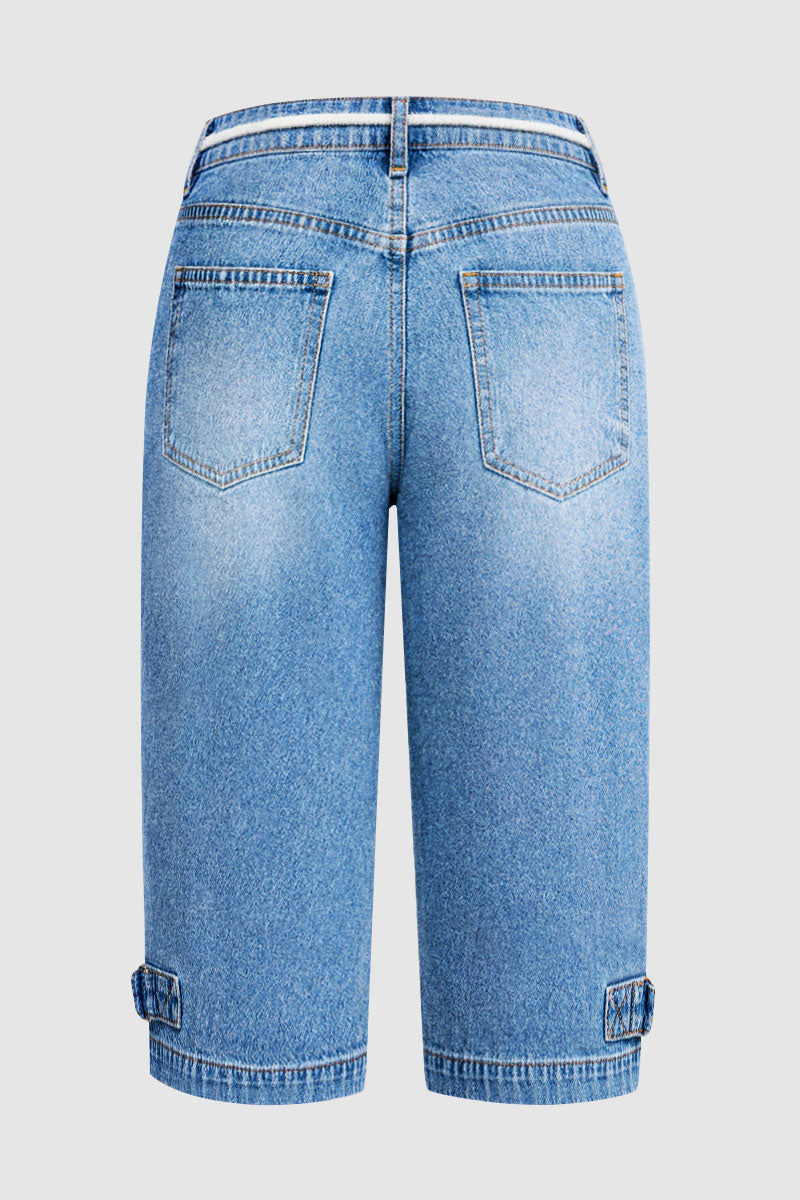 Wash Drawstring Adjustable Pleated High Waist Straight Leg Capri Jeans