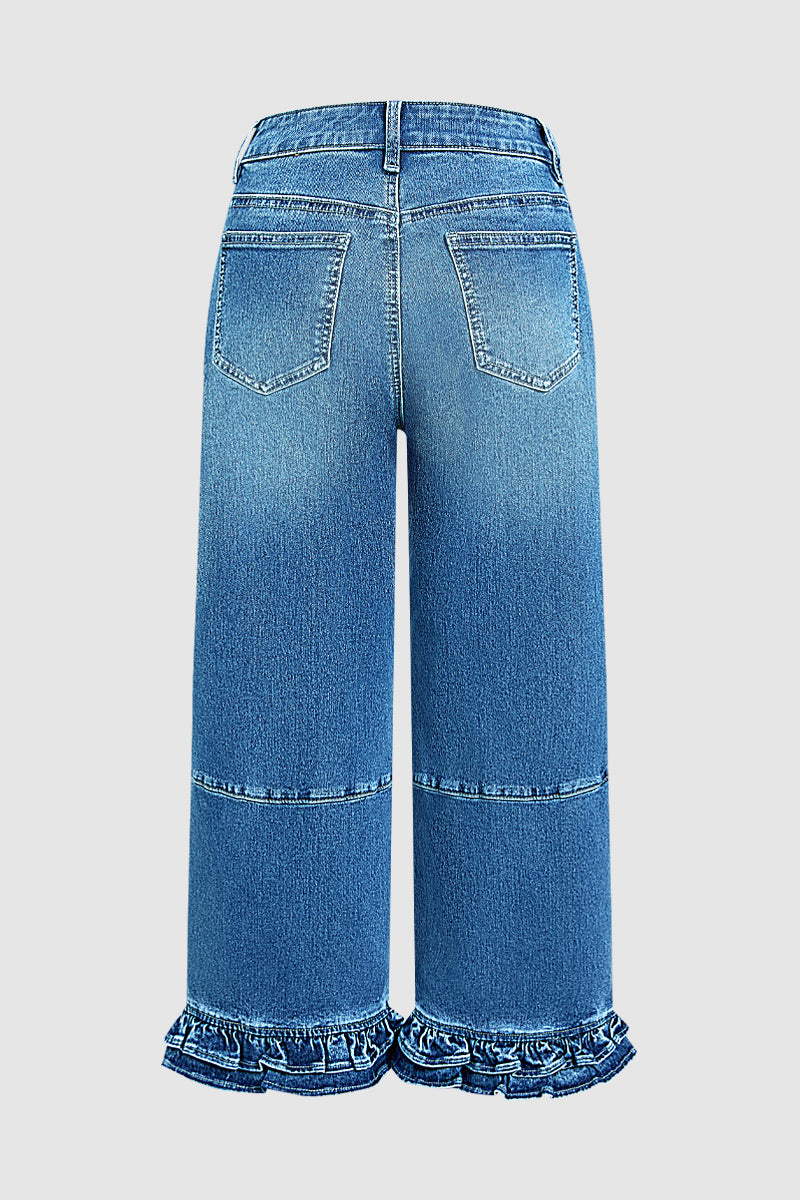 Wash Stitch Detail Ruffle Hem High Rise Wide Leg Crop Jeans Without Belt